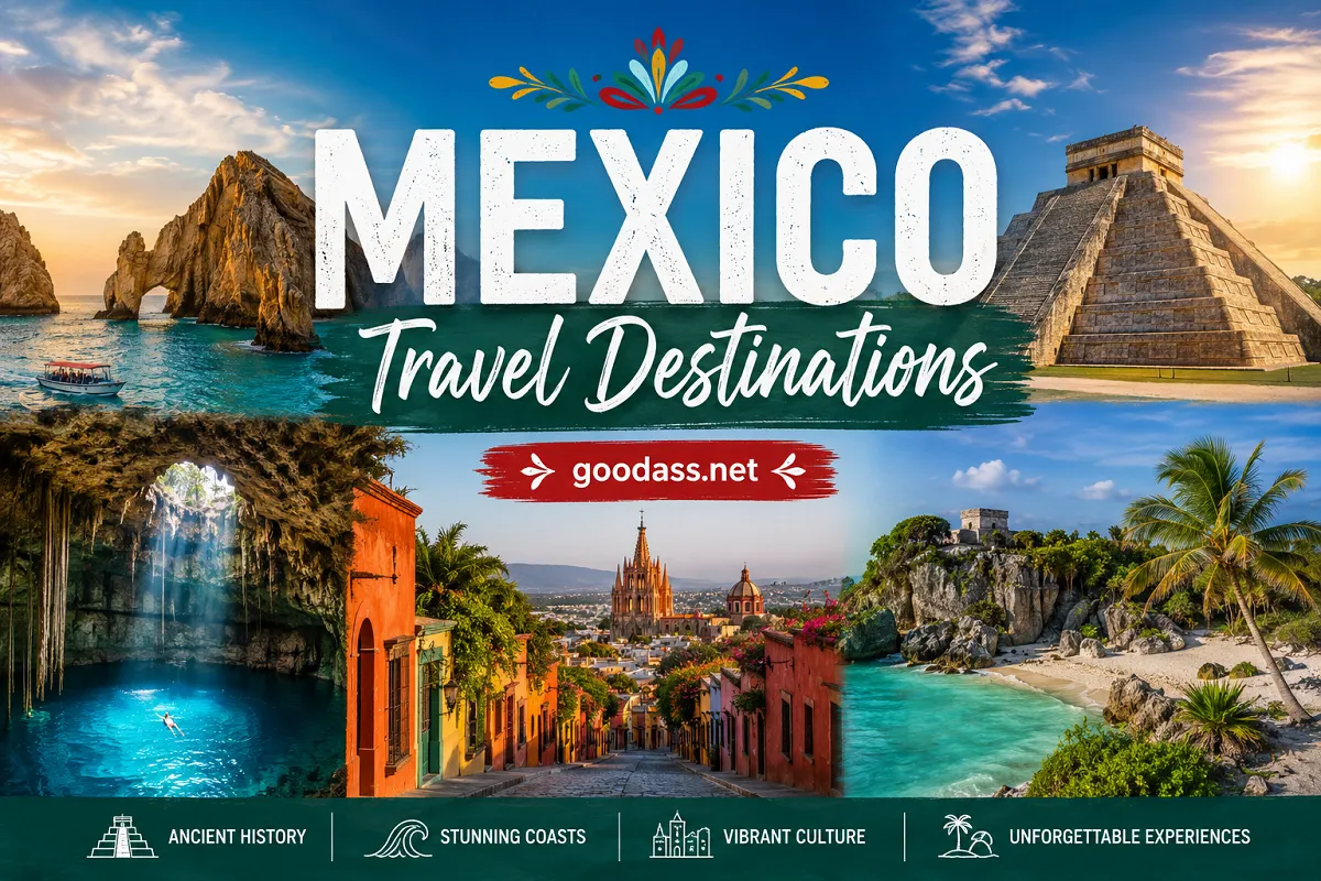 Mexico travel destinations collage featuring beaches, Chichen Itza, cenotes, and colorful city streets with goodass.net branding.