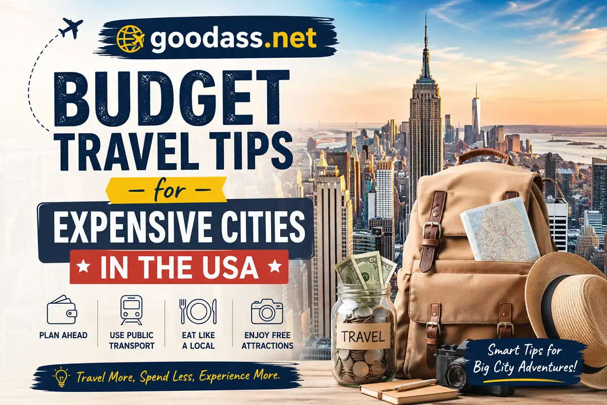 Budget travel tips banner for expensive U.S. cities featuring skyline, backpack, and savings theme with “goodass.net” branding.