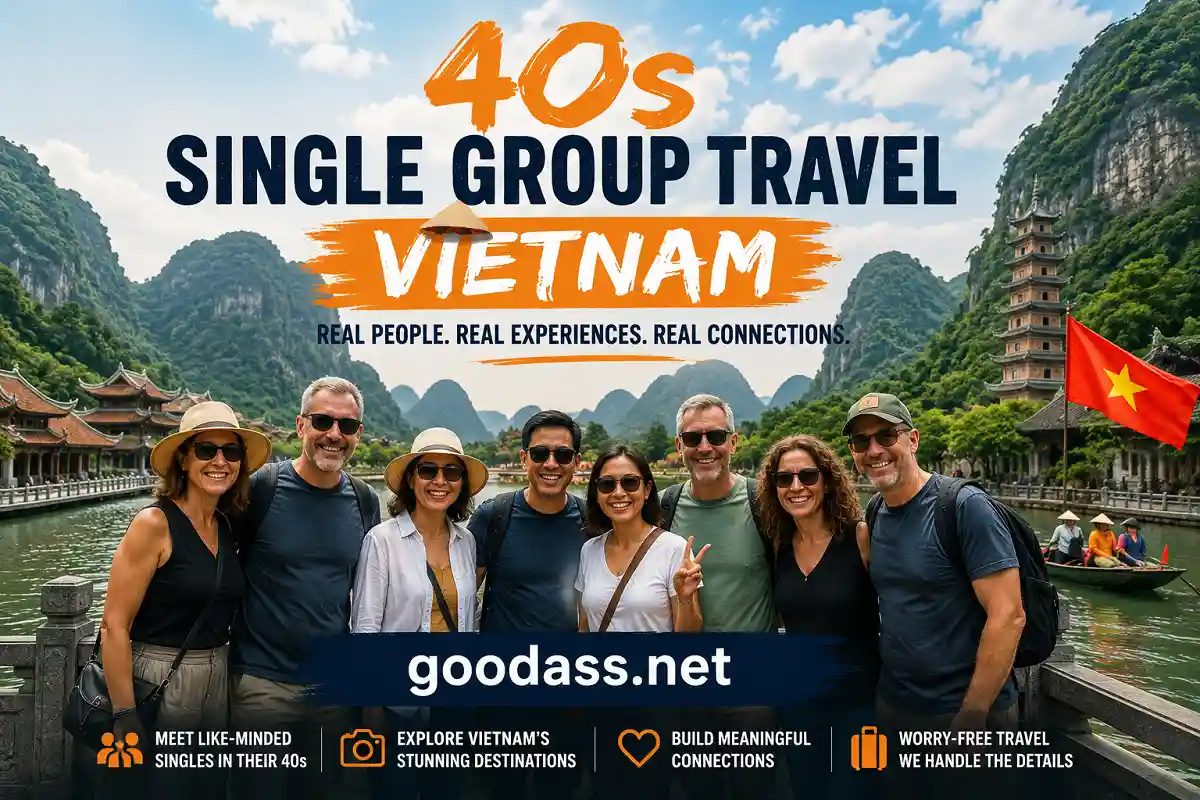 40s single group travel Vietnam, guided tours and Ha Long Bay scenery for mature travelers.