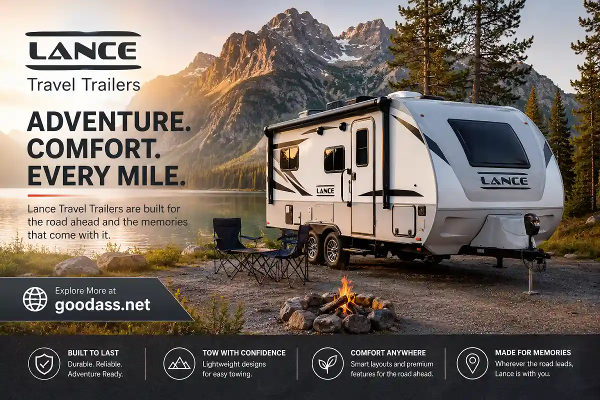 Scenic Lance travel trailer parked beside a mountain lake campsite at sunset with goodass.net branding.