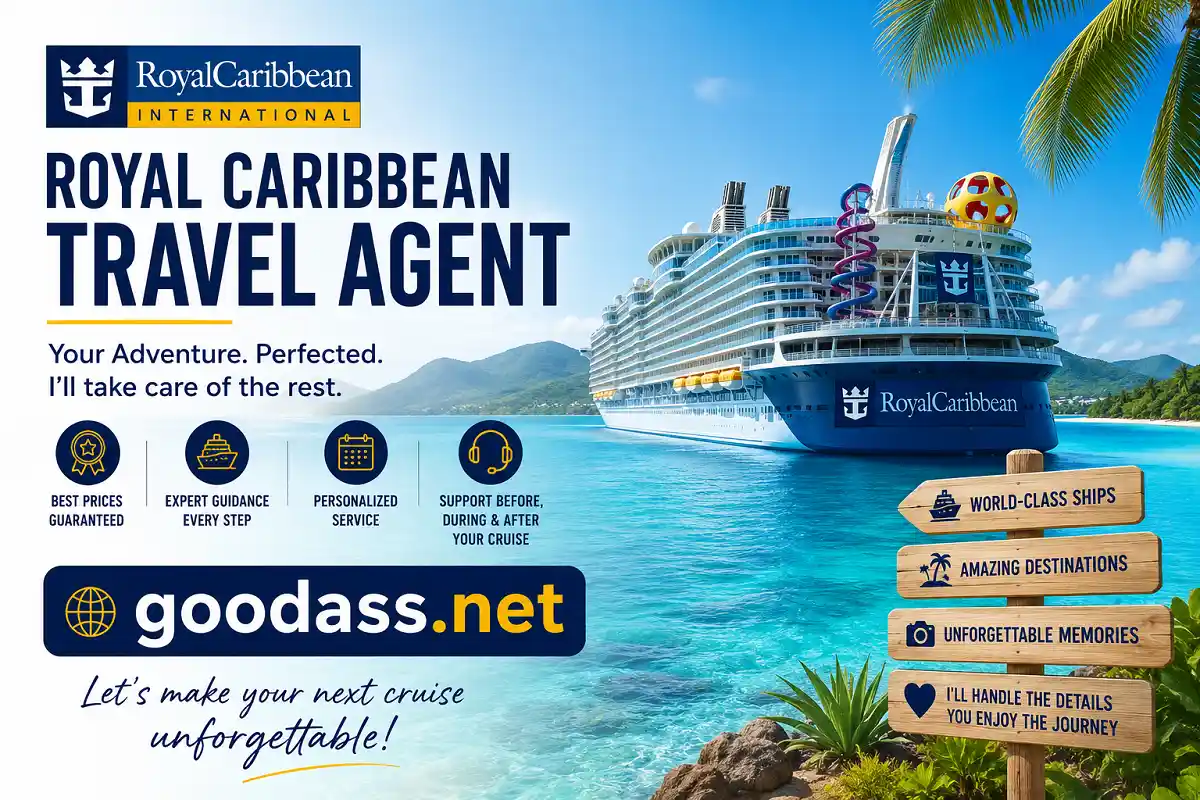 Luxury Royal Caribbean cruise ship in tropical blue waters with goodass.net travel agent branding.