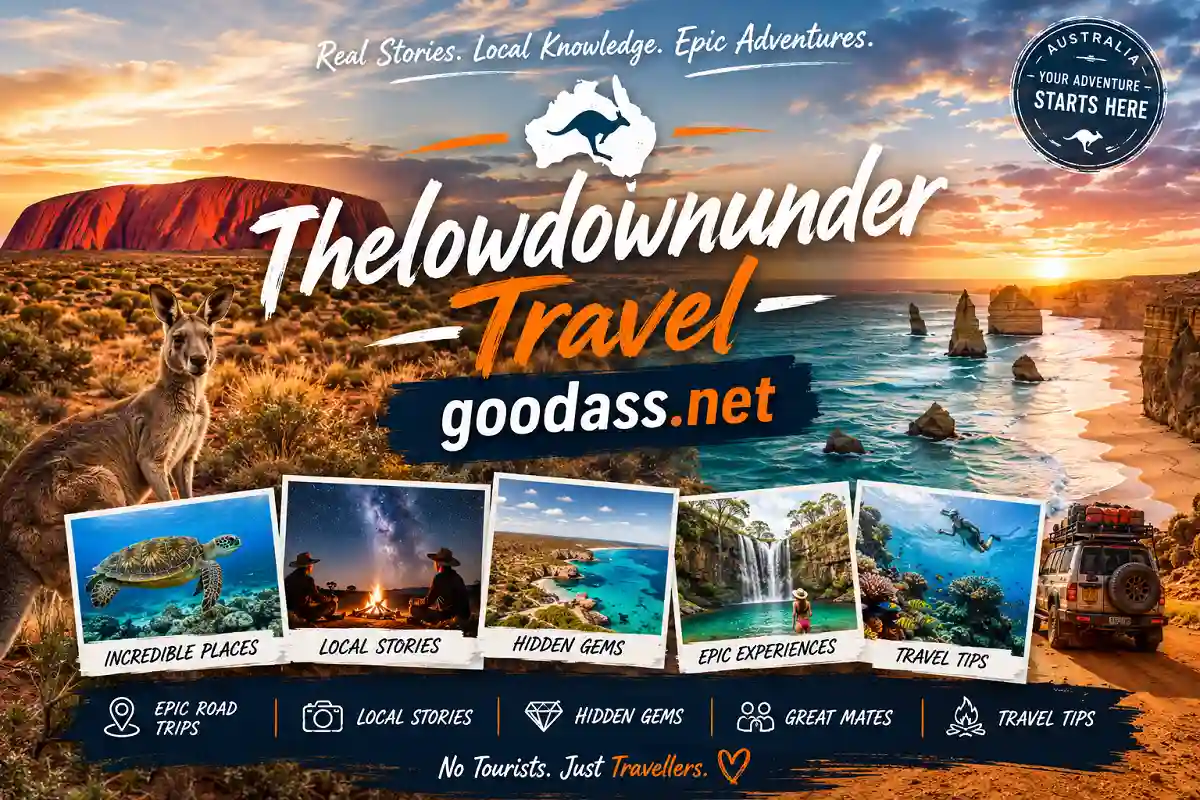 Adventure travel banner for Thelowdownunder Travel with Australian landscapes, coastal cliffs, kangaroo, road trip vibe, and “goodass.net” branding.