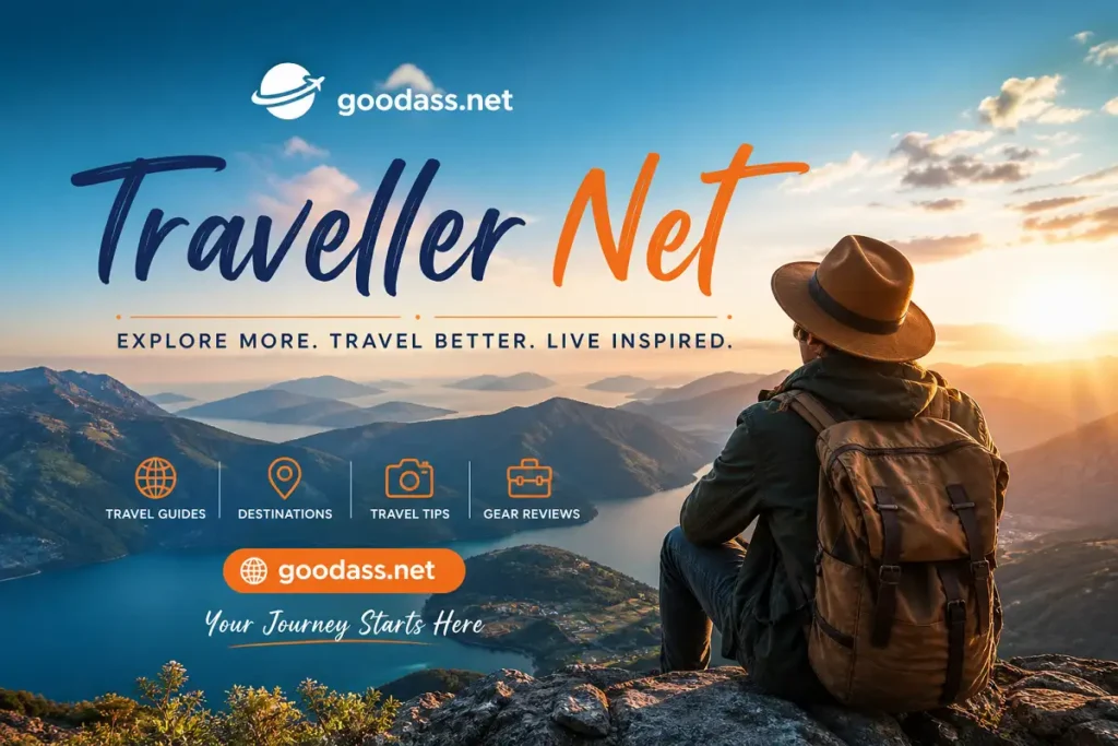 Traveller Net banner with a backpacker overlooking mountains and a lake at sunset, featuring the text “goodass.net” and travel-themed icons.