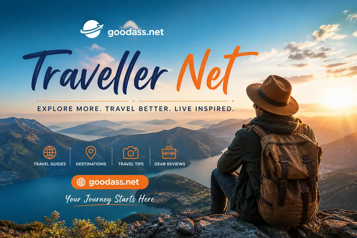 Traveller Net banner with a backpacker overlooking mountains and a lake at sunset, featuring the text “goodass.net” and travel-themed icons.