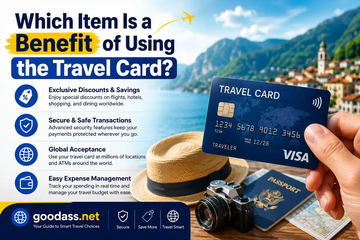 Which Item Is a Benefit of Using the Travel Card? – Travel card benefits infographic with secure payments and travel savings.