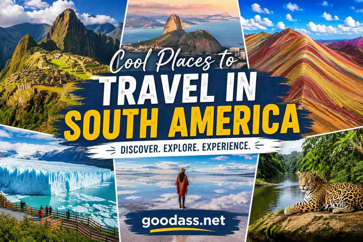 Cool Places to Travel in South America 2026 travel collage featuring Machu Picchu, Patagonia, Rio de Janeiro, and goodass.net branding.