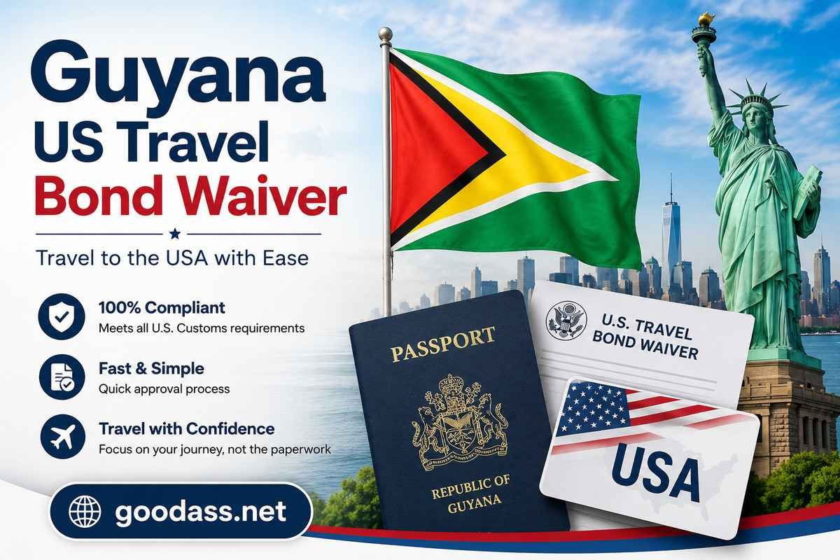 Promotional banner for Guyana US Travel Bond Waiver featuring the Guyana flag, U.S. travel documents, passport, Statue of Liberty, and goodass.net branding.