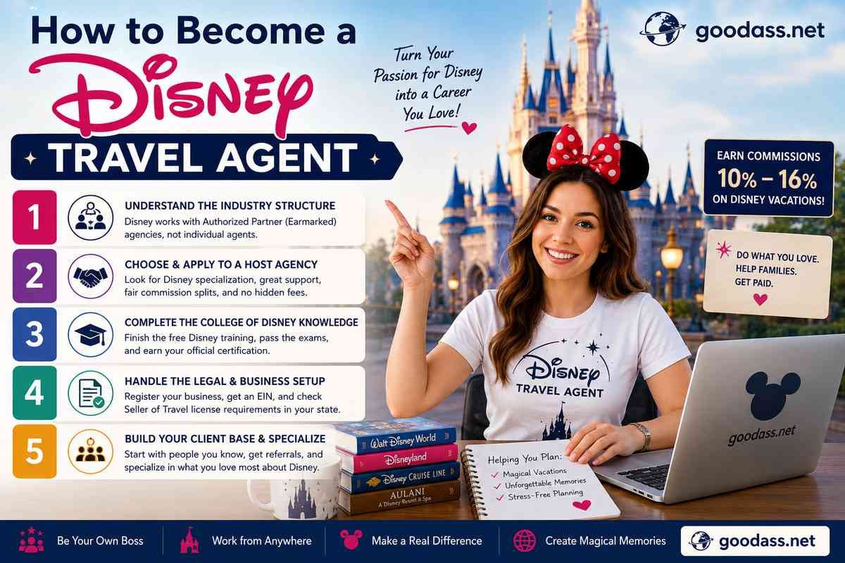 How to Become a Disney Travel Agent infographic showing a travel consultant explaining five career steps, including training, host agency selection, business setup, and client building, with goodass.net branding.