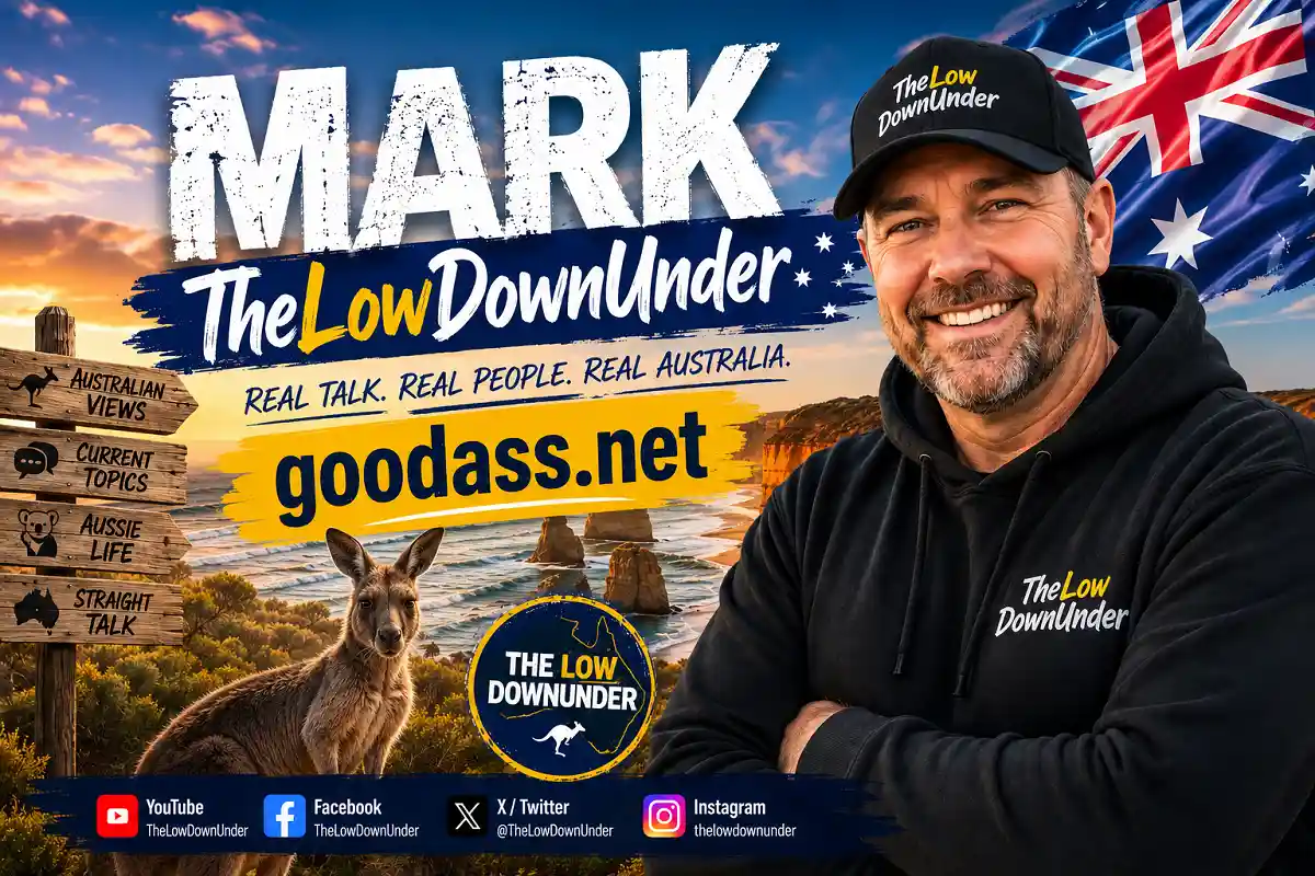 Promotional banner for Mark TheLowDownUnder featuring an Australian coastal landscape, kangaroo, smiling host, and the website goodass.net.