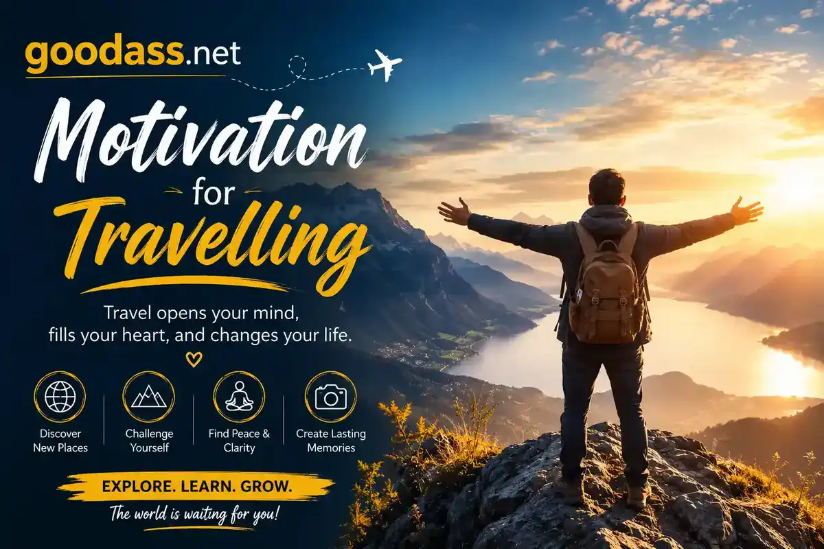 Motivational travel poster showing “Motivation for Travelling” with scenic mountain view and goodass.net branding.