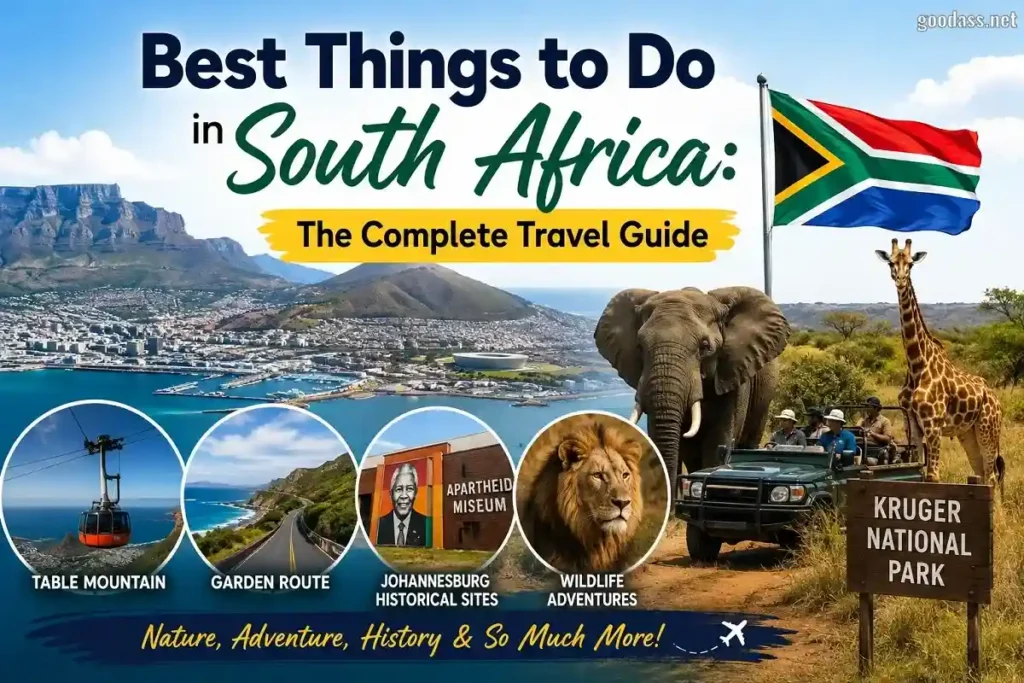 Best Things to Do in South Africa featuring Table Mountain, Kruger National Park, Garden Route, safari wildlife, and Johannesburg attractions.