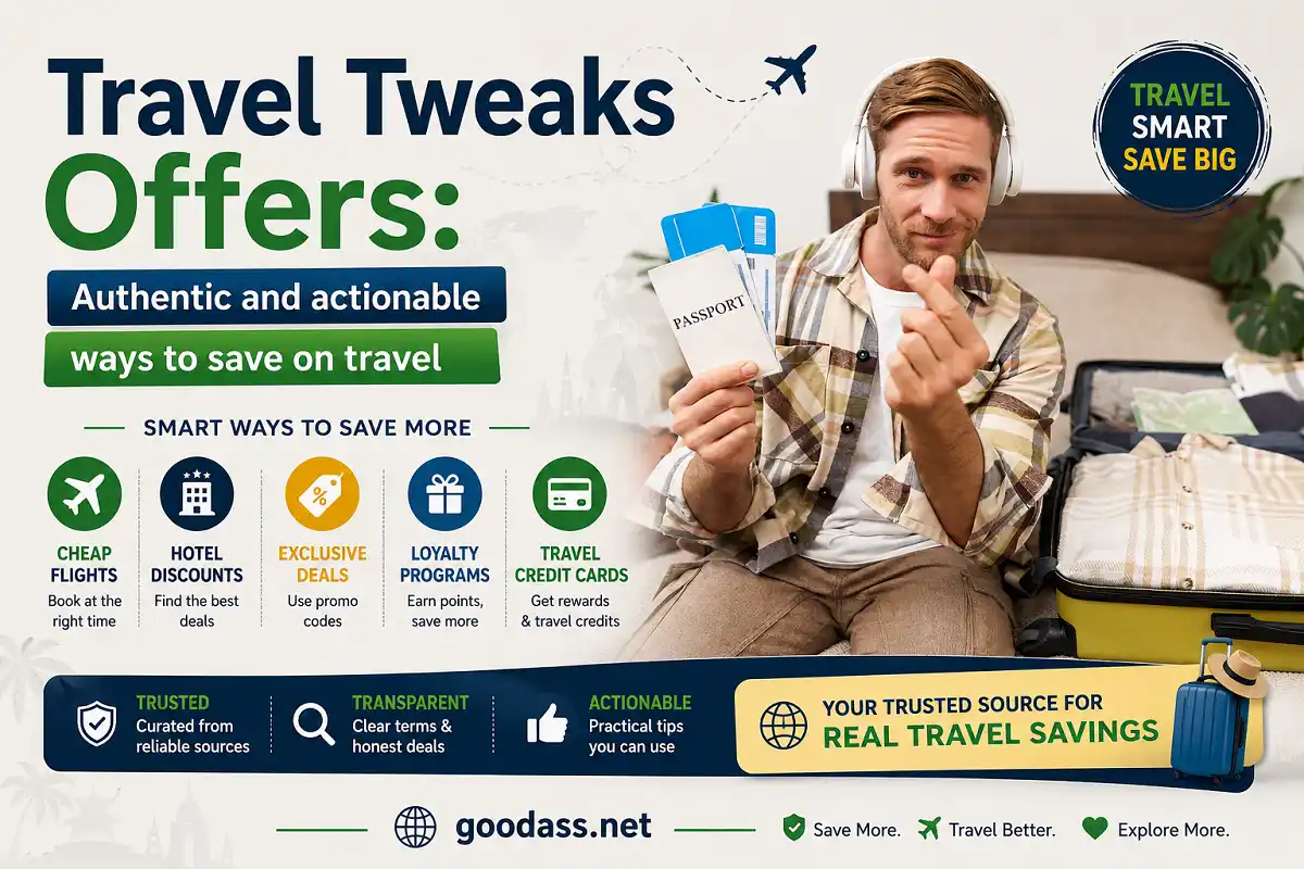 Traveler promoting Travel Tweaks Offers with smart travel-saving tips, passport, tickets, and luggage for affordable trips.