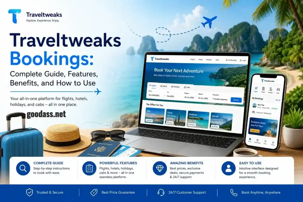Traveltweaks Bookings travel booking platform with laptop and mobile showing flight, hotel, and holiday booking interface.
