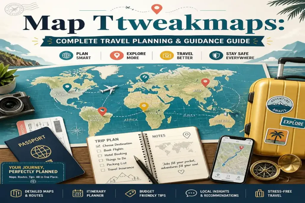 Map Ttweakmaps travel planning guide with world map, passport, suitcase and itinerary.