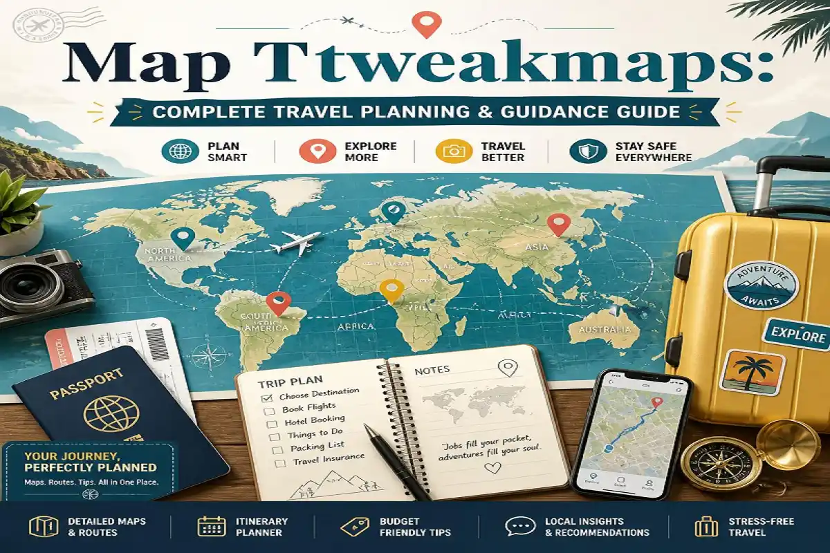 Map Ttweakmaps travel planning guide with world map, passport, suitcase and itinerary.