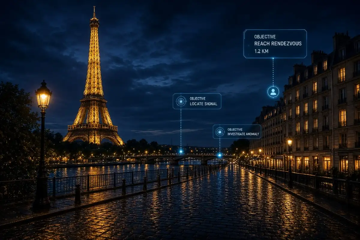 Glowing Eiffel Tower at night with mission markers in Paris.